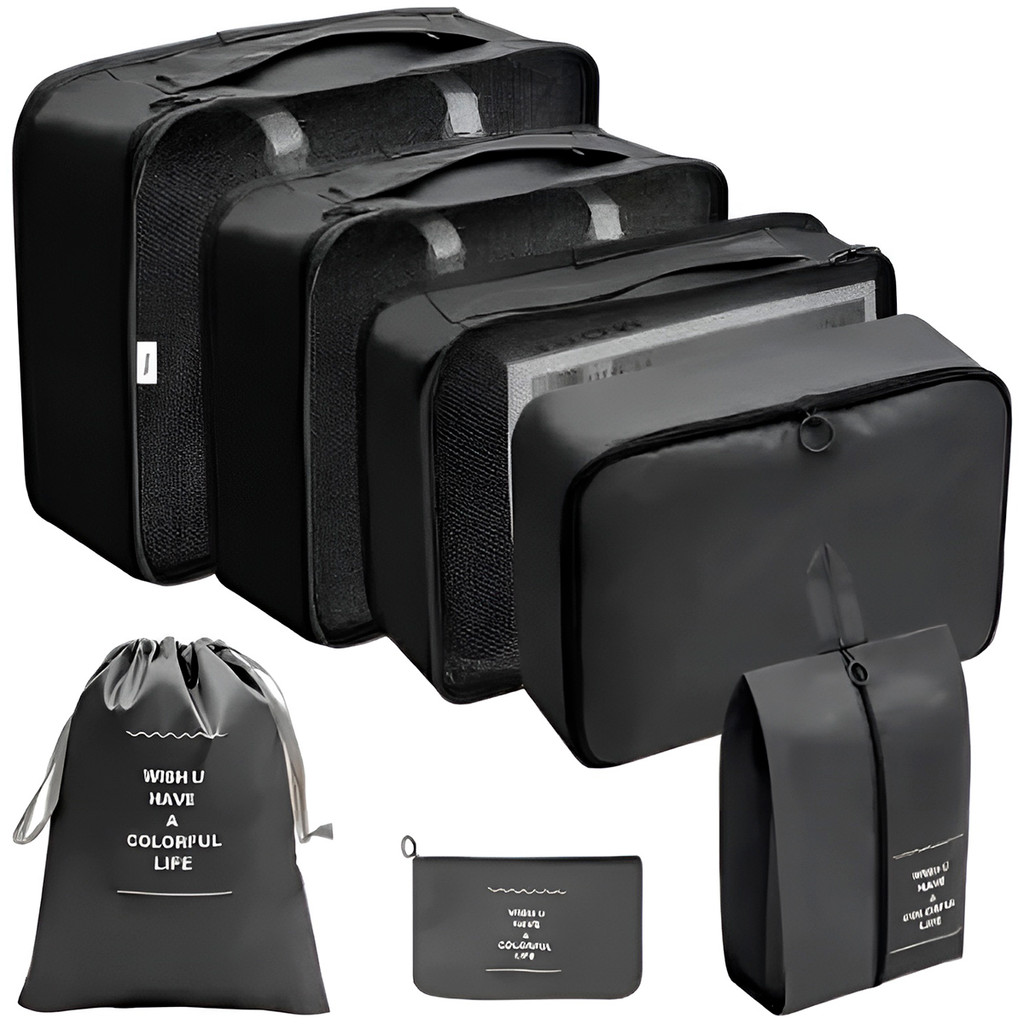 JS Kit 7 Peças Organizadores de Mala Necessaire Viagem Cor:Preto