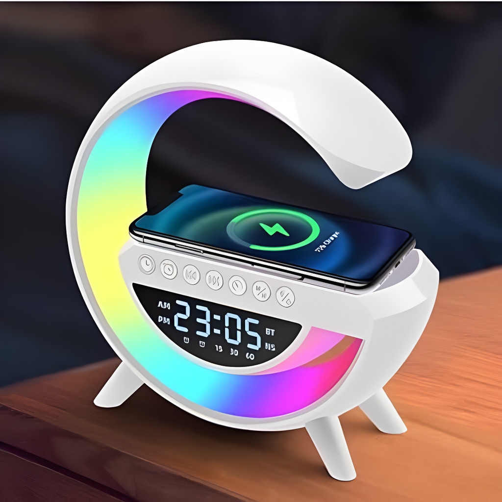 Luminária Despertador LED RGB Bluetooth Caixa Som Relógio Digital Carregador / Indução Abajur 3 em 1