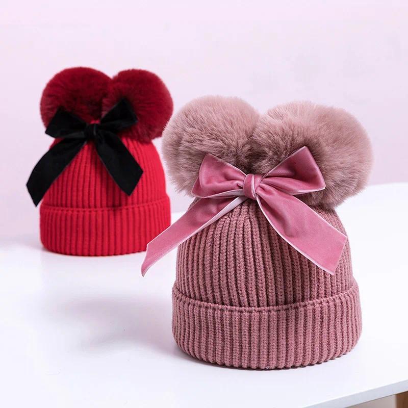 Chapéu De Inverno Do Bebê Para Meninas Gorro Quente Arco Crianças Boné Bola De Pele Da Menina Engrossar Neve Chapéus De