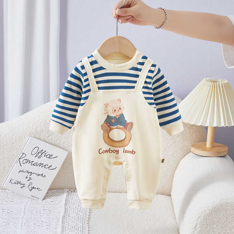 Roupas de bebê outono roupas de bebê listrado cordeiro macacão falso de duas peças primavera outono roupas recém-nascida