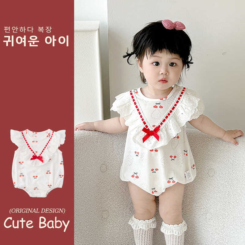 Bebê roupas de bebê verão fino Super bonito triângulo macacão bebê menina cereja impressão roupas de bebê 5255