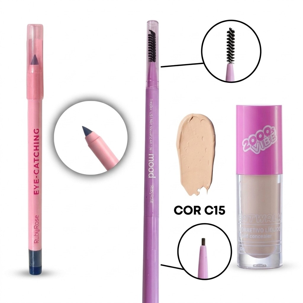 KIT Ruby Rose 3 Pcs: Corretivo Líquido Catwalk + 2 Lápis de Olho Preto 11980995178 改 61995232666 shopee（霖3号）