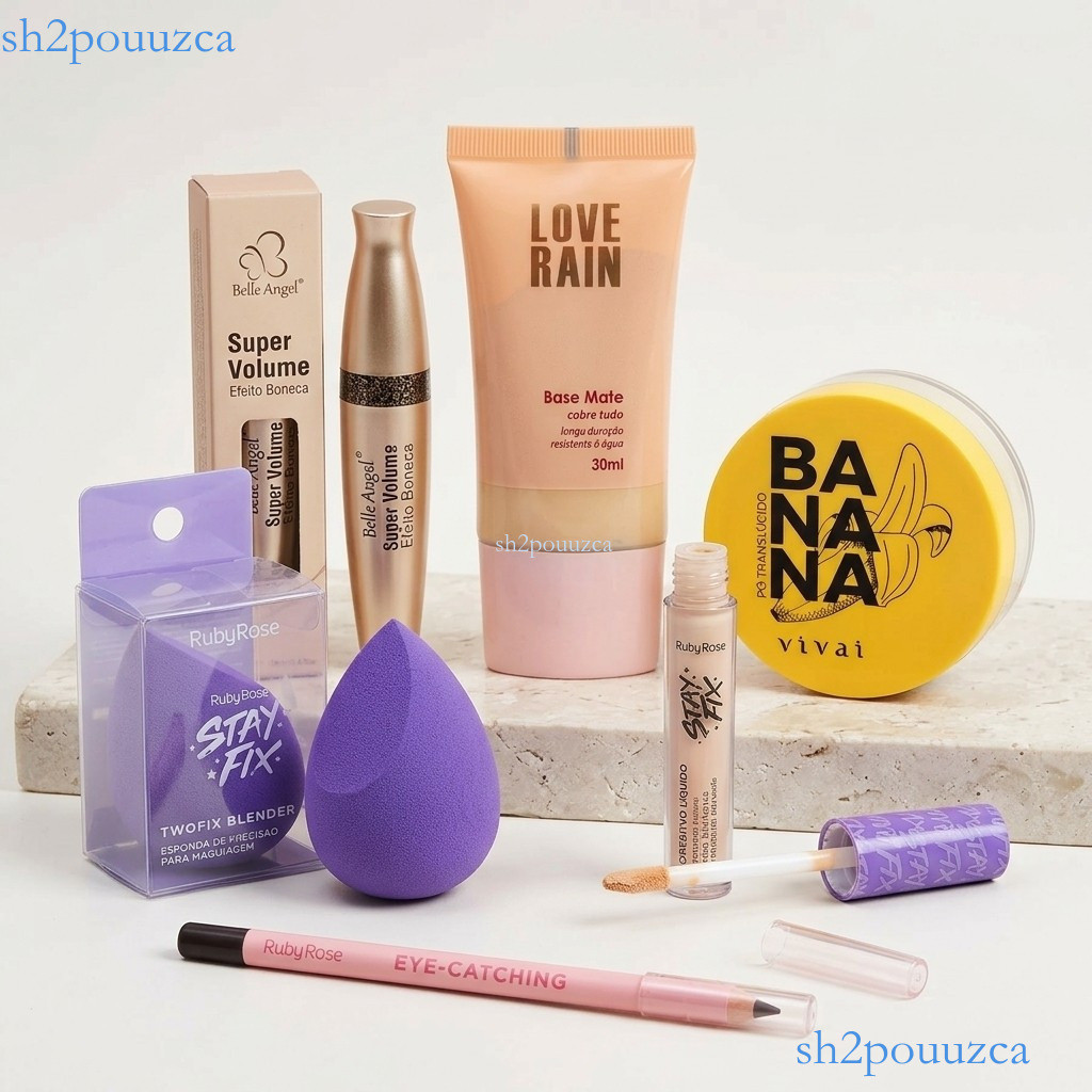 KIT Maquiagem 6 Pcs: Base Matte + Corretivo Ruby Rose + Pó Banana + Rímel + Lápis + Esponja Pronta entrega ✨ujuold6024