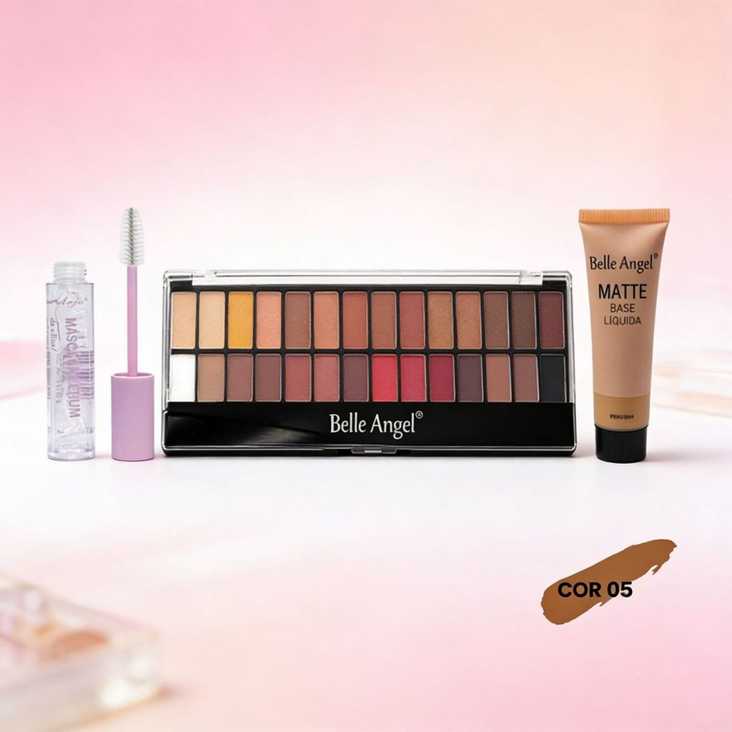 Kit para Maquiagem - Base Líquida Belle Angel Matte + Máscara Incolor Cílios + Paleta Sombras Nude
