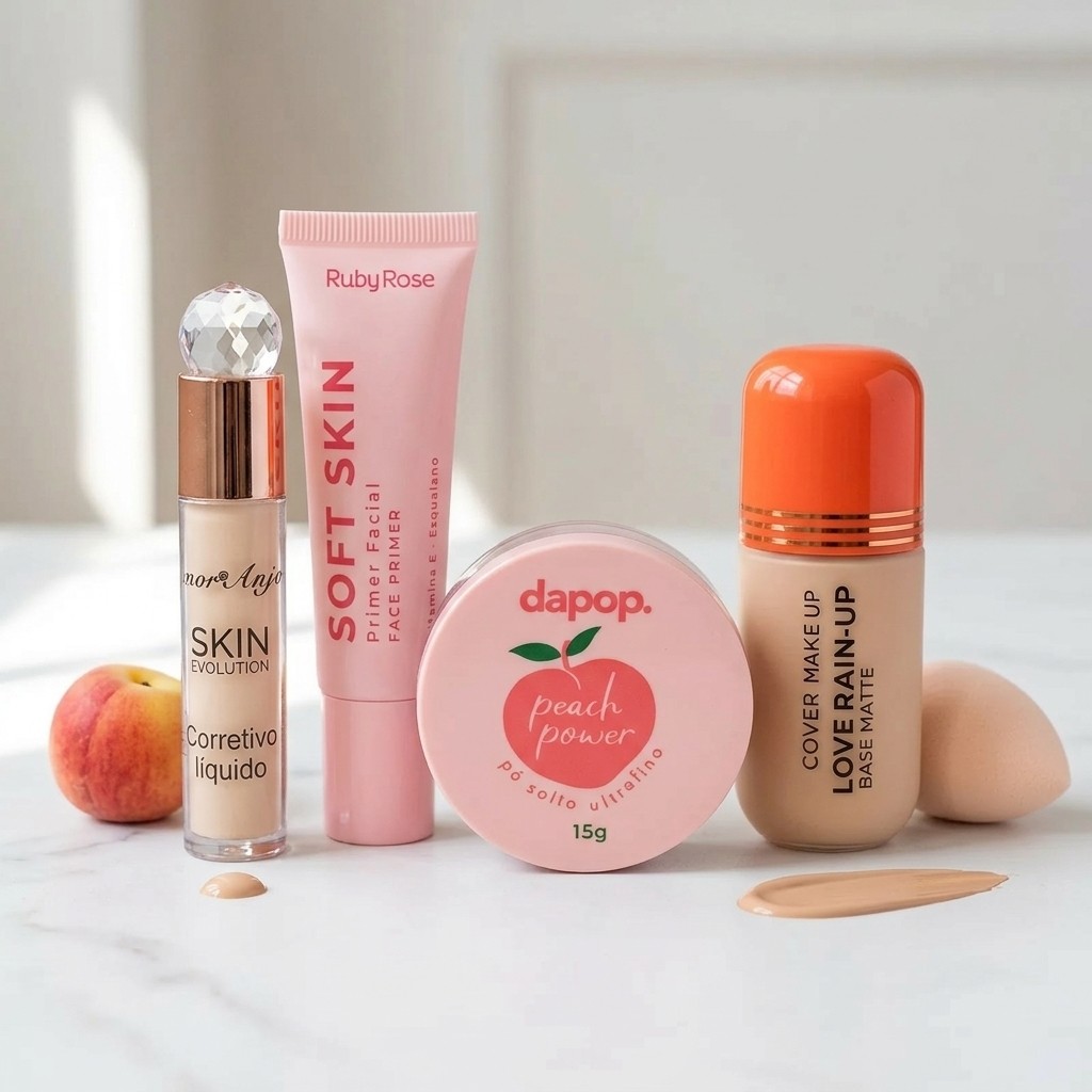 Kit Maquiagem Pele Perfeita: Base Matte + Primer Ruby Rose + Corretivo + Pó Compacto (4 Itens)