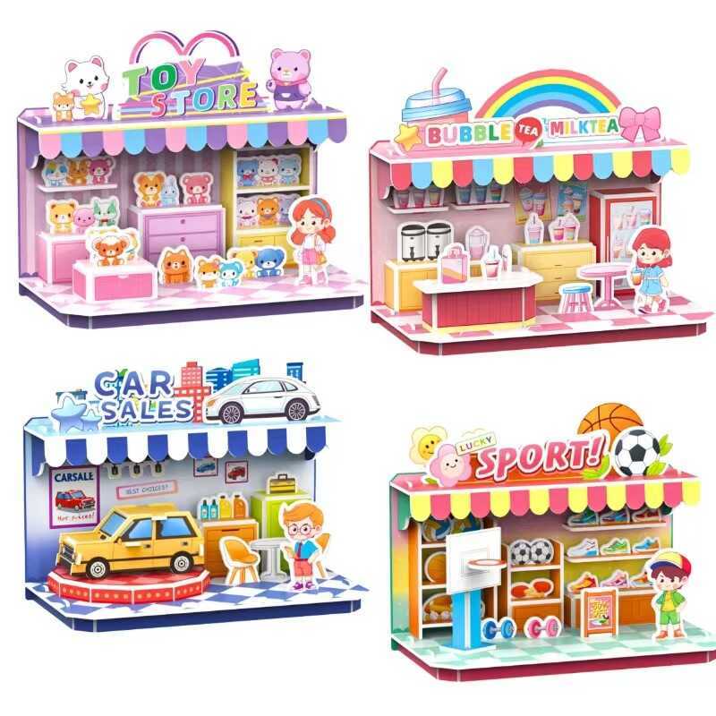Mini sala de loja de conveniência quebra-cabeça tridimensional conjunto de quatro peças combinação infantil 3D quebra-ca