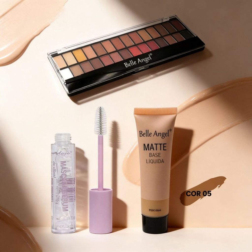 Paleta de Sombras Belle Angel 28 Cores + Base Matte + Máscara Incolor Amor Anjo - Kit Maquiagem Completa