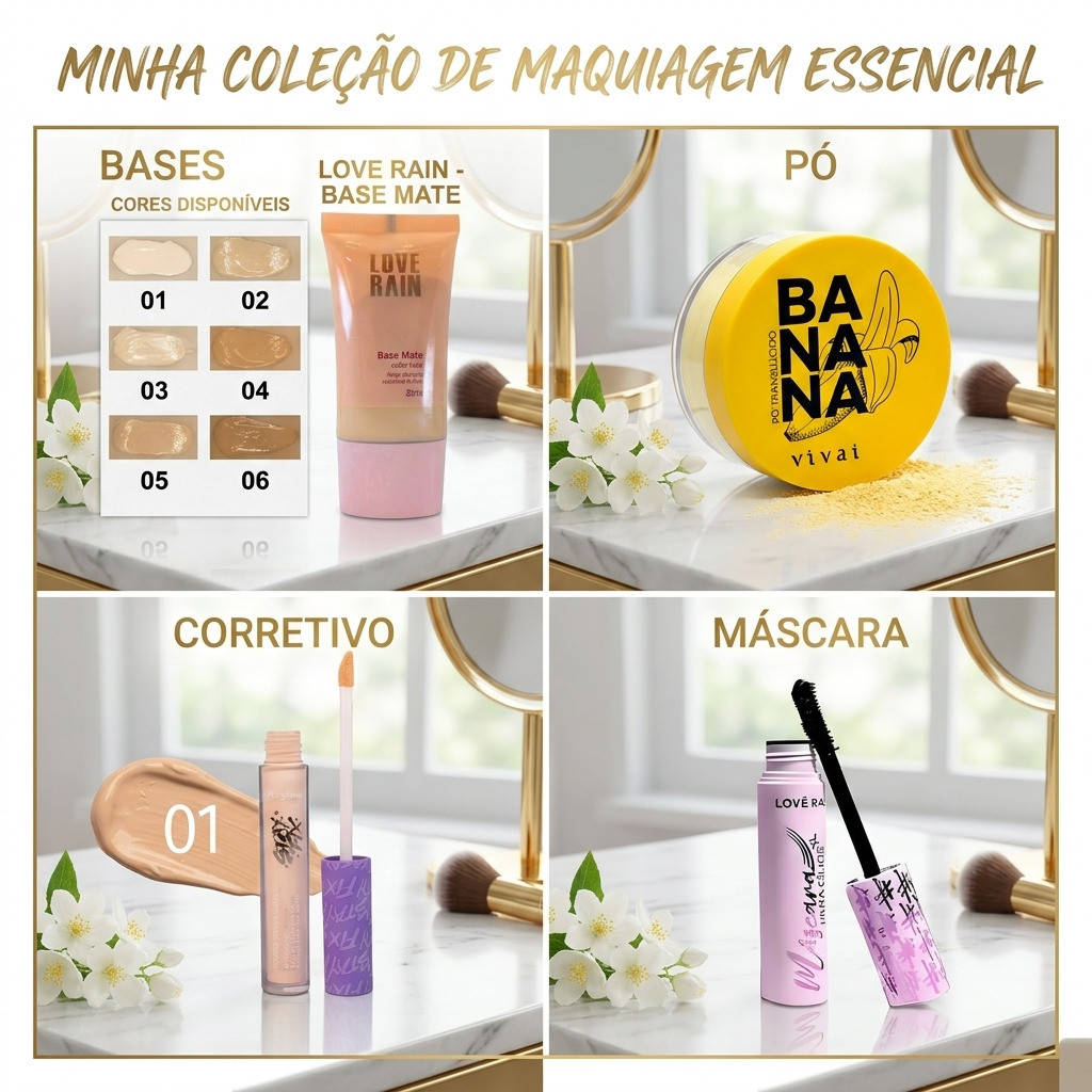 KIT Maquiagem 4 Pcs: Base Matte + Corretivo Ruby Rose + Pó Banana + Rímel Rosa d3c