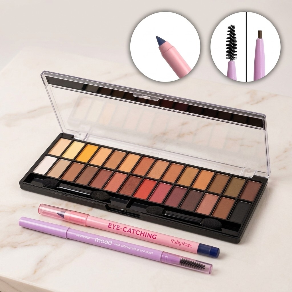KIT Maquiagem Olhos 3 Pcs: Paleta 28 Cores + Lápis Sobrancelha + Lápis Olho Ruby Rose eb0