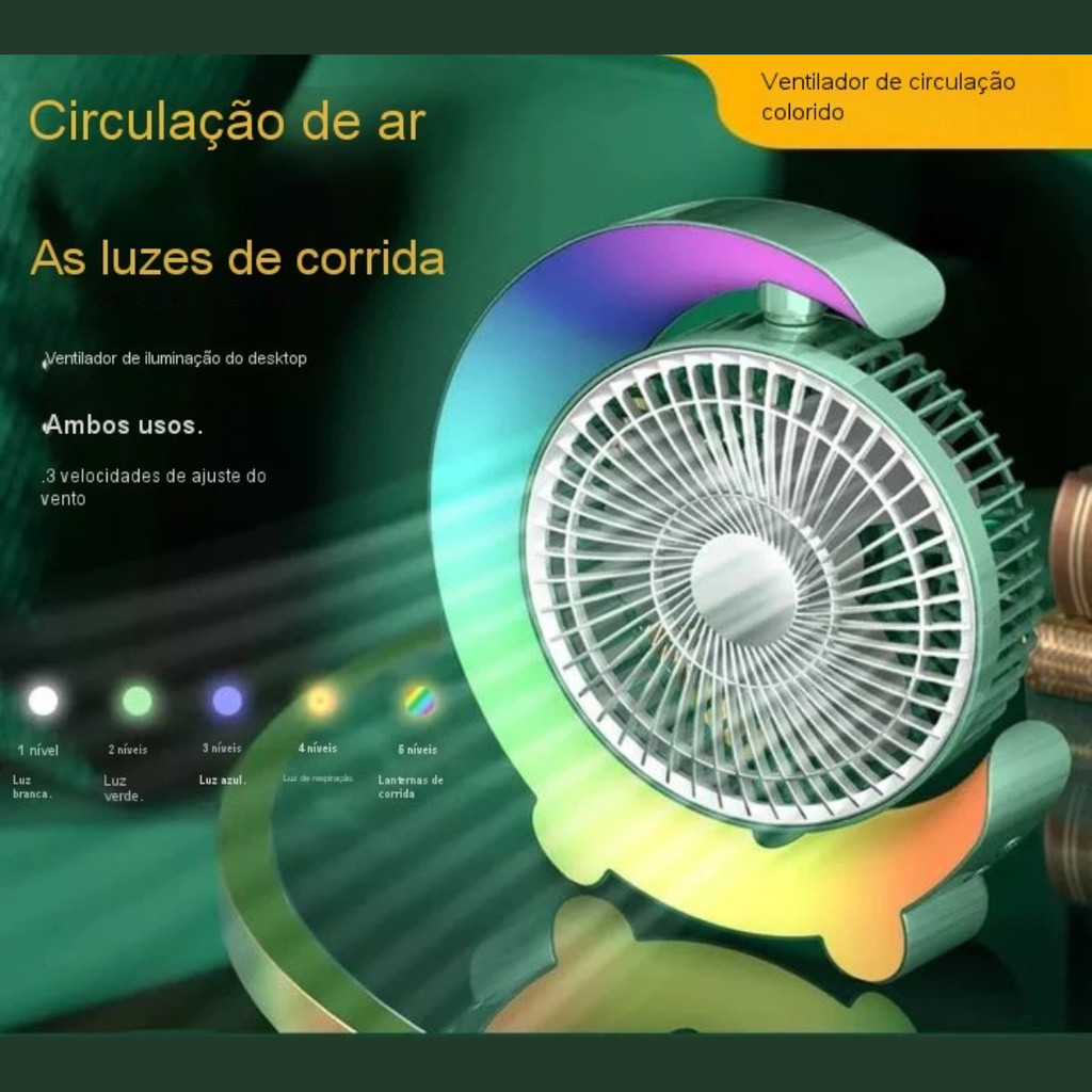 Ventilador Portátil Recarregável de Mesa Iluminação LED RGB Circulating Fan Hmaston F11