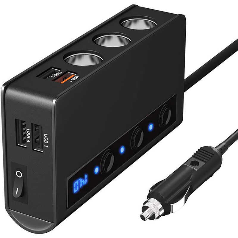 Novo estilo de isqueiro de carro um para três com interruptor 4usb180W alta potência qc3.0 carregador de carro de carga 