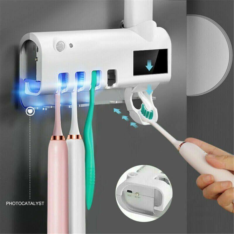 Dispenser Pasta De Dente Automático Suporte Porta Escova Esterilizador UV Solar Organizador Banheiro em Oferta na Shopee