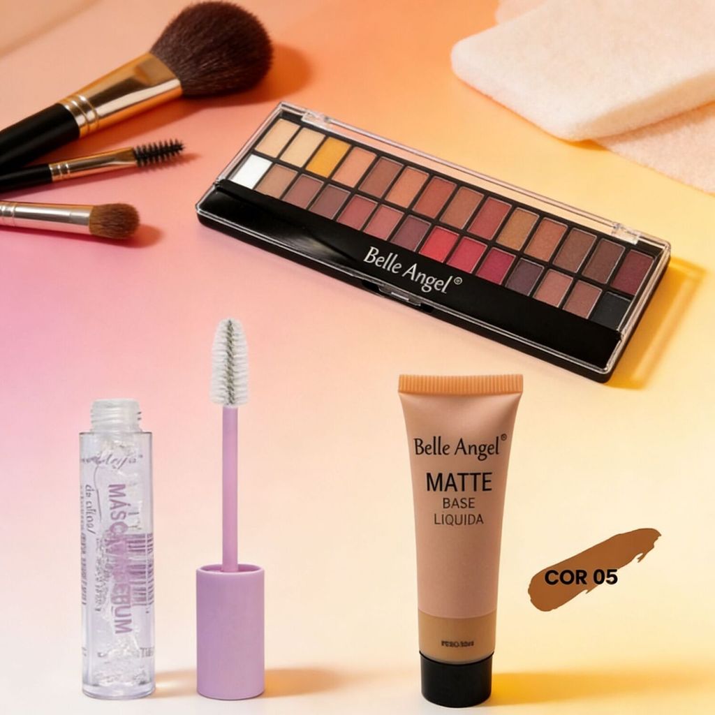 Kit Maquiagem Completa - Paleta de Sombras Nude Belle Angel , Base Matte, Máscara Cílios