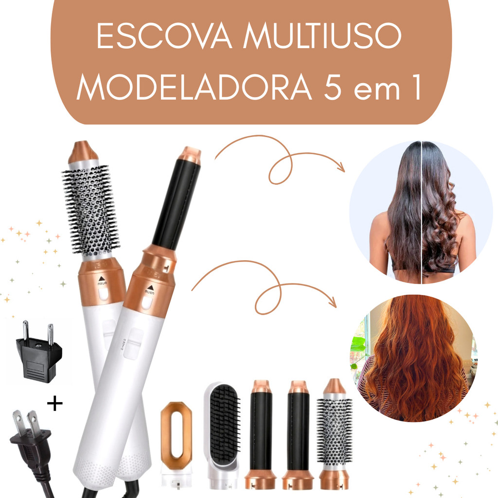 Escova Rotativa 5 em 1  Profissional 220V Secador Modelador Alisador Tipo Airwrap Com 5 Acessórios