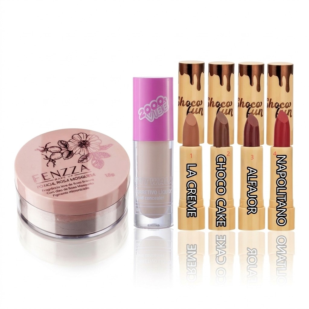 KIT Maquiagem 3 Pcs: Corretivo Ruby Rose + Pó Fenzza + Batom Choco 11980995178 改 61995232666 shopee（霖3号）
