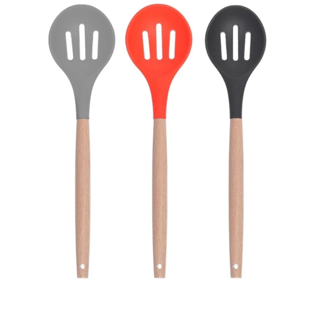Colher Vazada de Silicone 32cm com Cabo de Bambu para Arroz Utensílio Cozinha Resistente