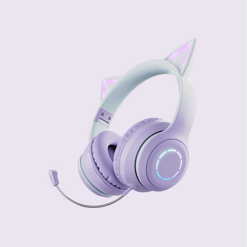 Fone de ouvido Bluetooth fone de ouvido de jogo de alto valor cor gradiente orelhas de gato sem fio com microfone fone d