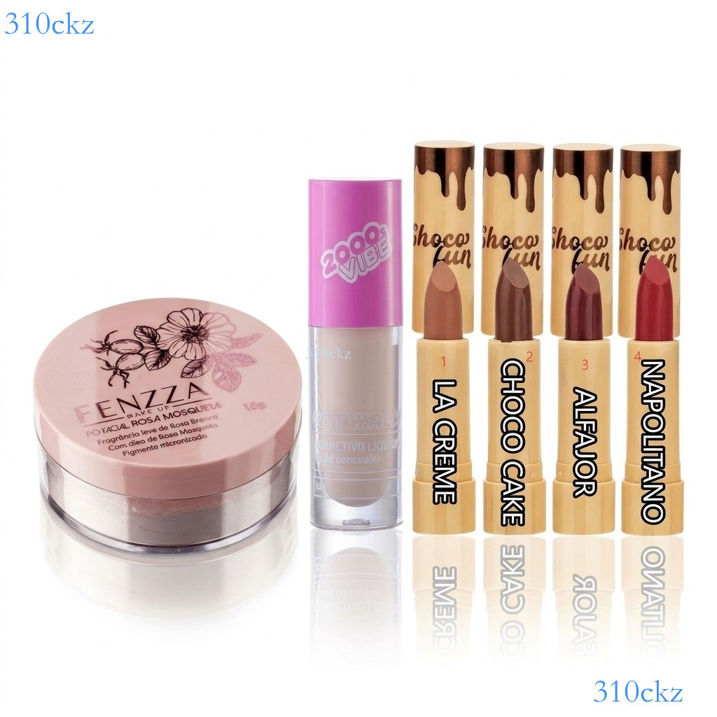 KIT Maquiagem 3 Pcs: Corretivo Ruby Rose + Pó Fenzza + Batom Choco Pronta entrega ✨310ckz
