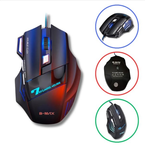 Mouse Gamer com Fio USB LED Preto – Óptico Ergonômico, Botões DPI, Profissional para Notebook