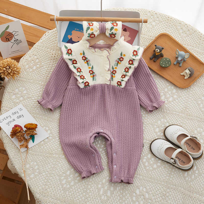 Bebê roupas de bebê primavera outono bebê menina macacão bordado flor roupas recém-nascidos livre faixa de cabelo macacã