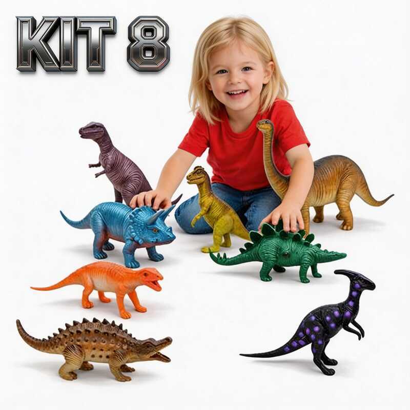 Kit 8 Dinossauros de Borracha Grande Brinquedo Infantil Presente Educativo Coleção Completa Crianças