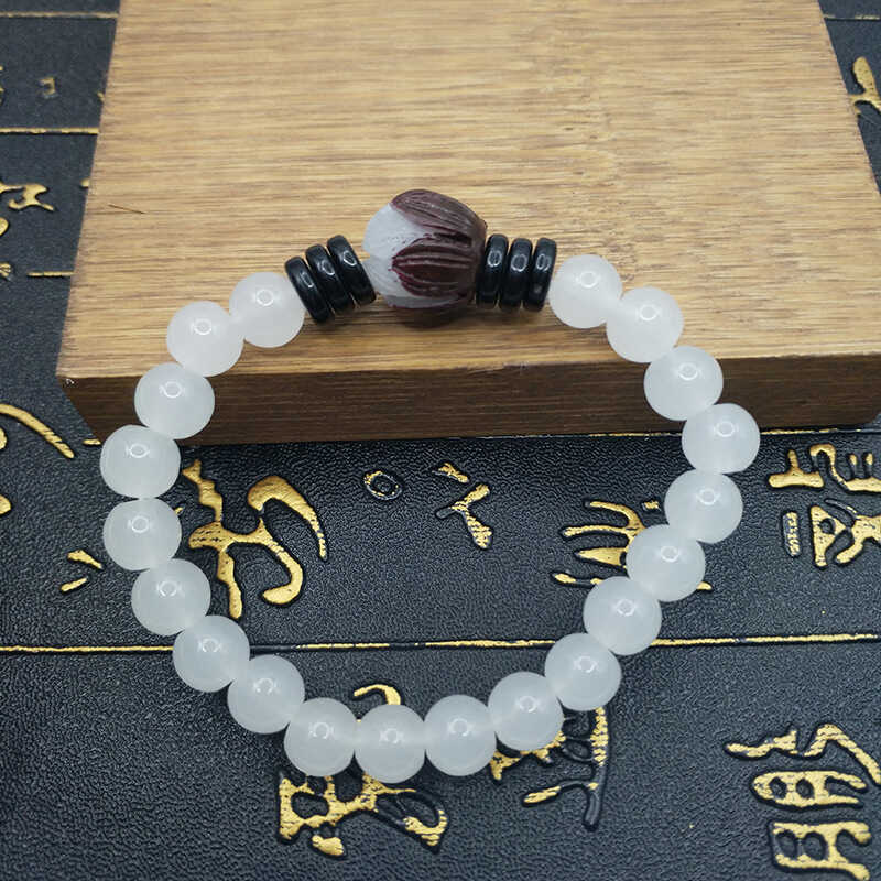Imagem Anti-Hetian branco Jade pulseira Bodhi semente lótus único círculo pulseira Wenwan contas budistas rosário contas jóias 