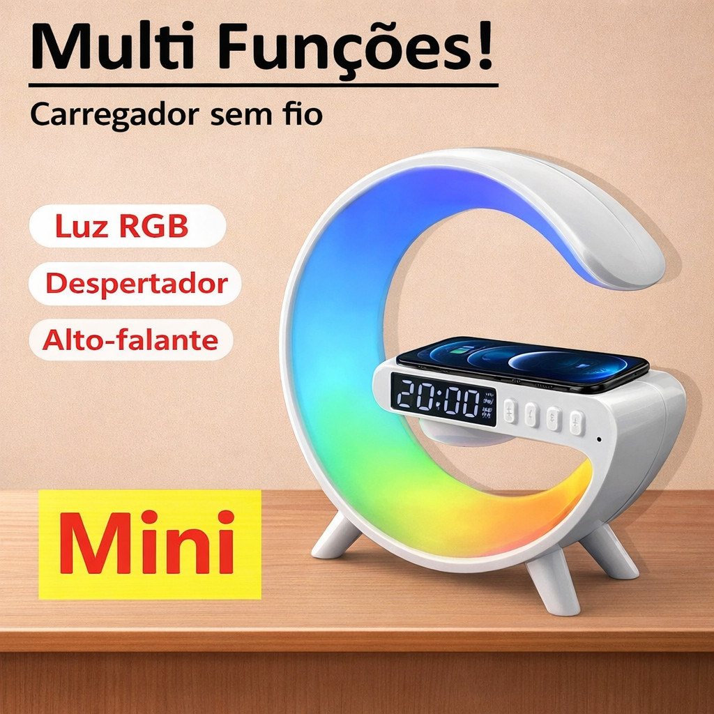 Mini Luminária G com Despertador, Carregador sem fio de Celular e Caixa de Som!!!