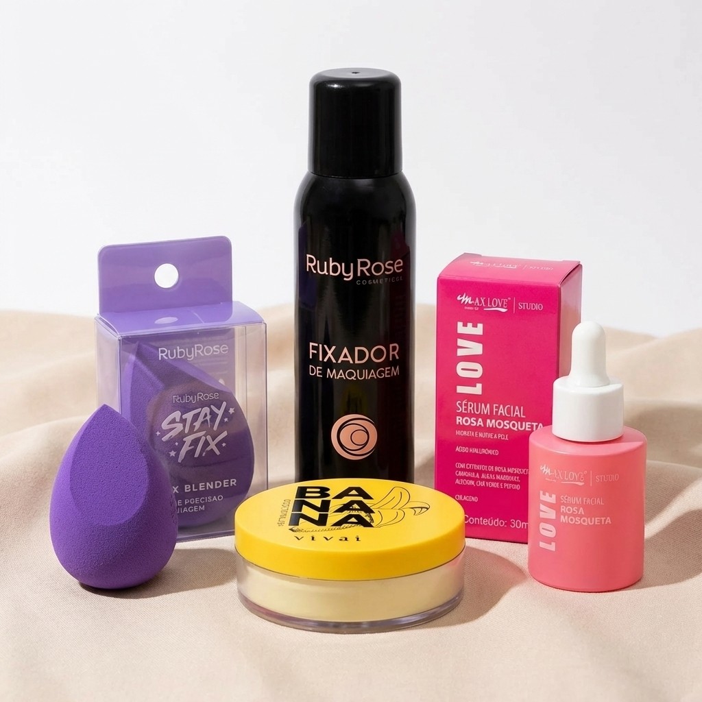Kit Maquiagem Pele Perfeita: Sérum Rosa Mosqueta Max Love + Fixador + Esponja Ruby Rose + Pó Banana Vivai c9c