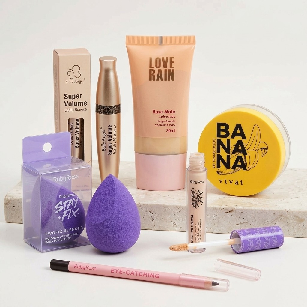 KIT Maquiagem 6 Pcs: Base Matte + Corretivo Ruby Rose + Pó Banana + Rímel + Lápis + Esponja 44a