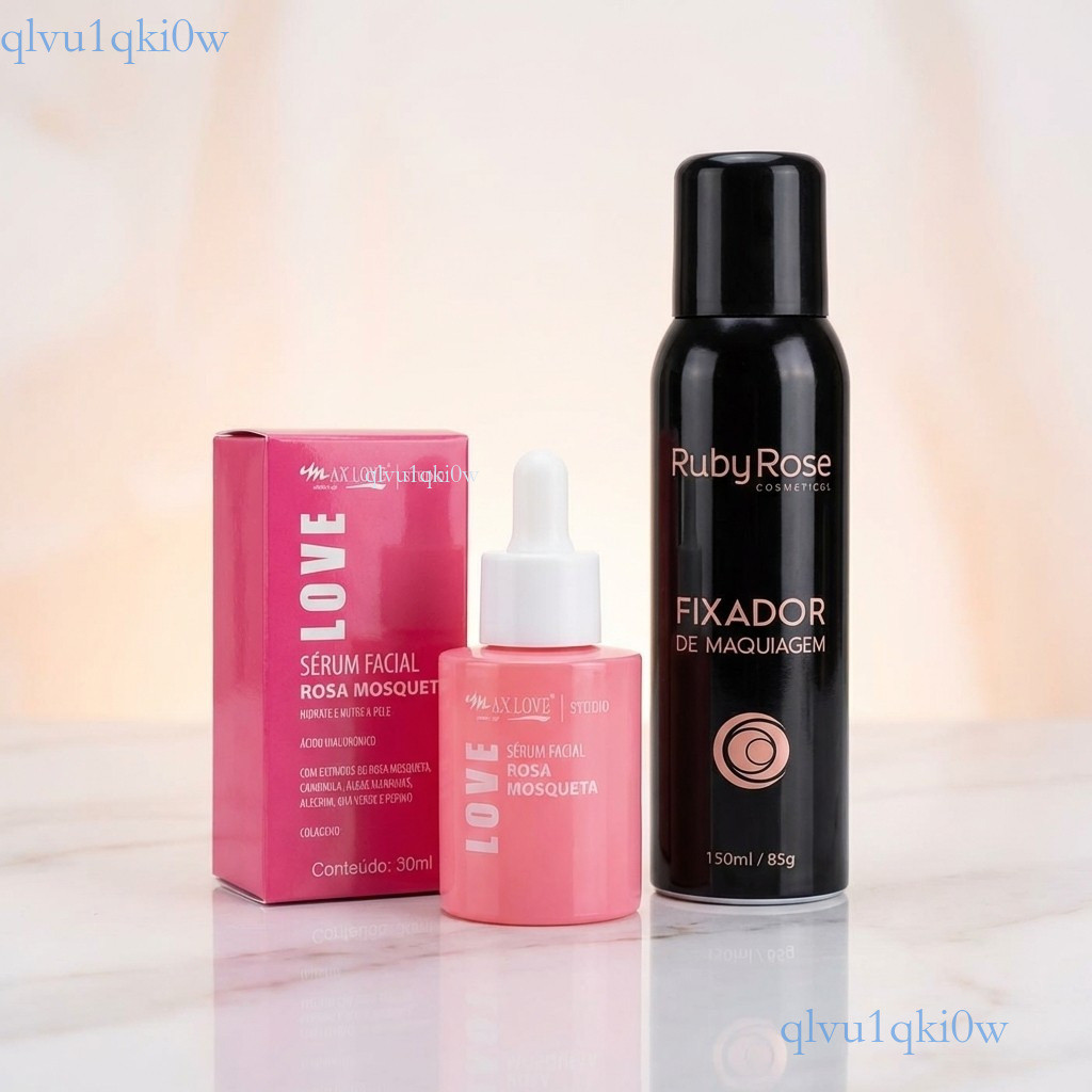 Kit Skin Prep & Make: Sérum Facial Rosa Mosqueta Max Love 30ml + Fixador de Maquiagem Ruby Rose HB312 ✨ki0ww