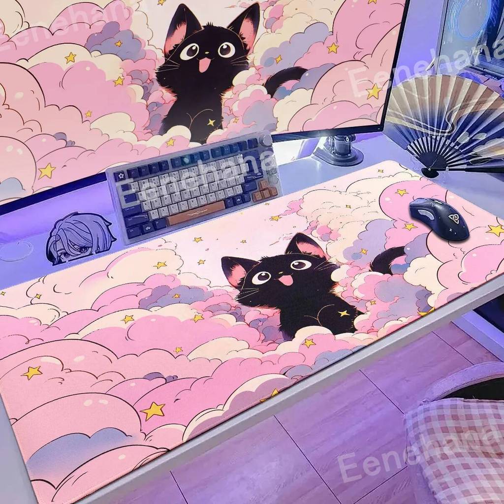O Gato Preto Nas Nuvens Teclado Mouse pad Kawaii Arte Estilo Padrões Rosa Tapete De Mesa PC Gamer Escritório Casa
