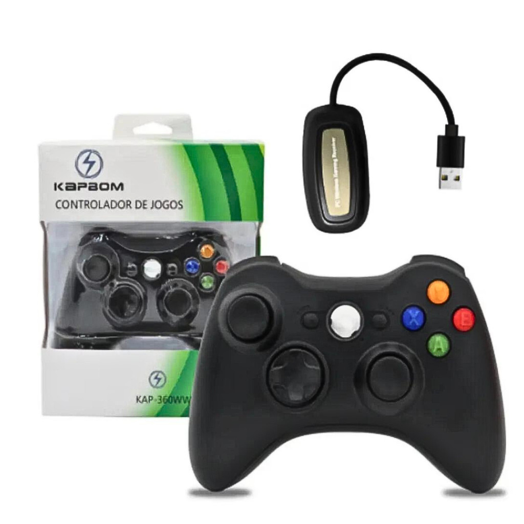 Controle Gamer Tipo Xbox 360 -SEM FIO- Wireless 2.4G Joystick com receptor PC Computador Kapbom
