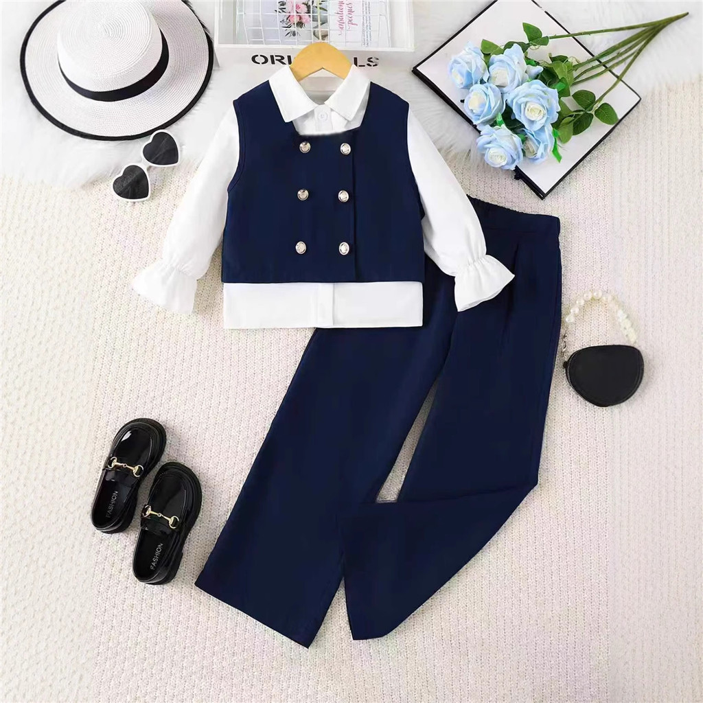 Conjunto De Roupas Para Meninas Adolescentes Colete Azul Escuro Camisa Branca E Calças 3 Peças Terno Feminino Formal Soc