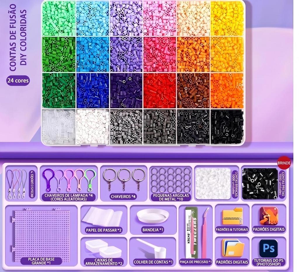 Kit Perler Hama Beads 2,6mm 10400+ Peças 24 Cores Caixinha + Pegboard +Pinça + Papel + Pinça + Guia
