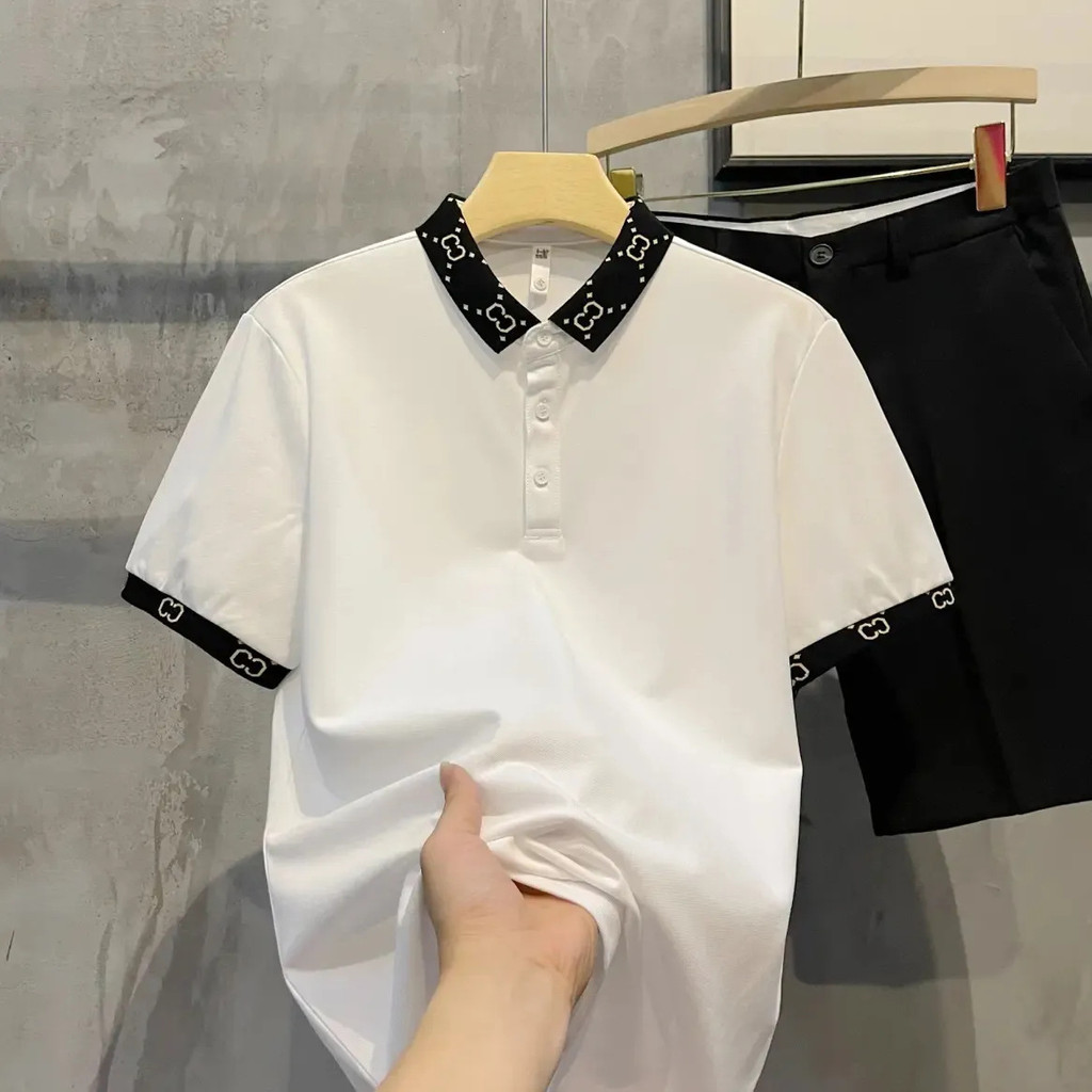 Camisa Polo Masculina Slim Fit De Manga Curta Com Lapela , Cores Combinando , Alta Qualidade , Camiseta Casual