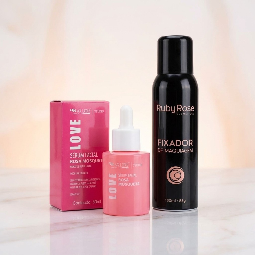 Kit Skin Prep & Make: Sérum Facial Rosa Mosqueta Max Love 30ml + Fixador de Maquiagem Ruby Rose HB312 11919042207 gq7t1