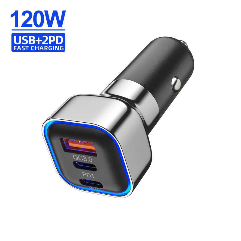 60W quadrado chapeamento ACC carregador de carro carregador de carro PD30W + QC3.0 carregador de carga rápida do telefon