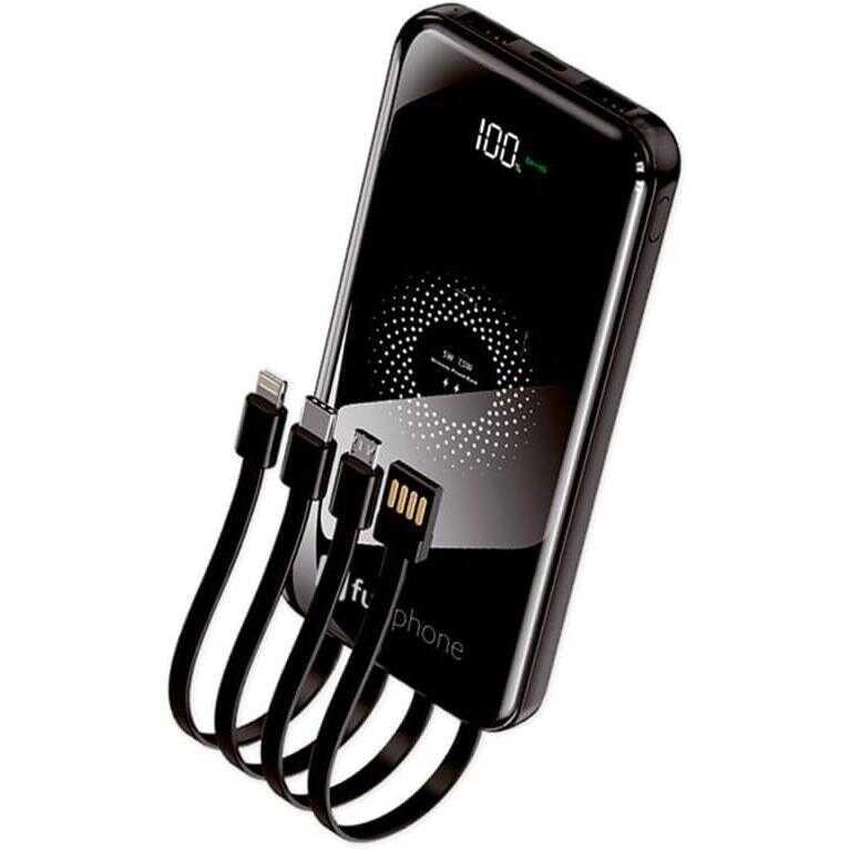 Power Bank Fullphone Turbo 22,5W 10.000mAh 4 Cabos Embutidos Carregamento Wireless Carregador Portátil
