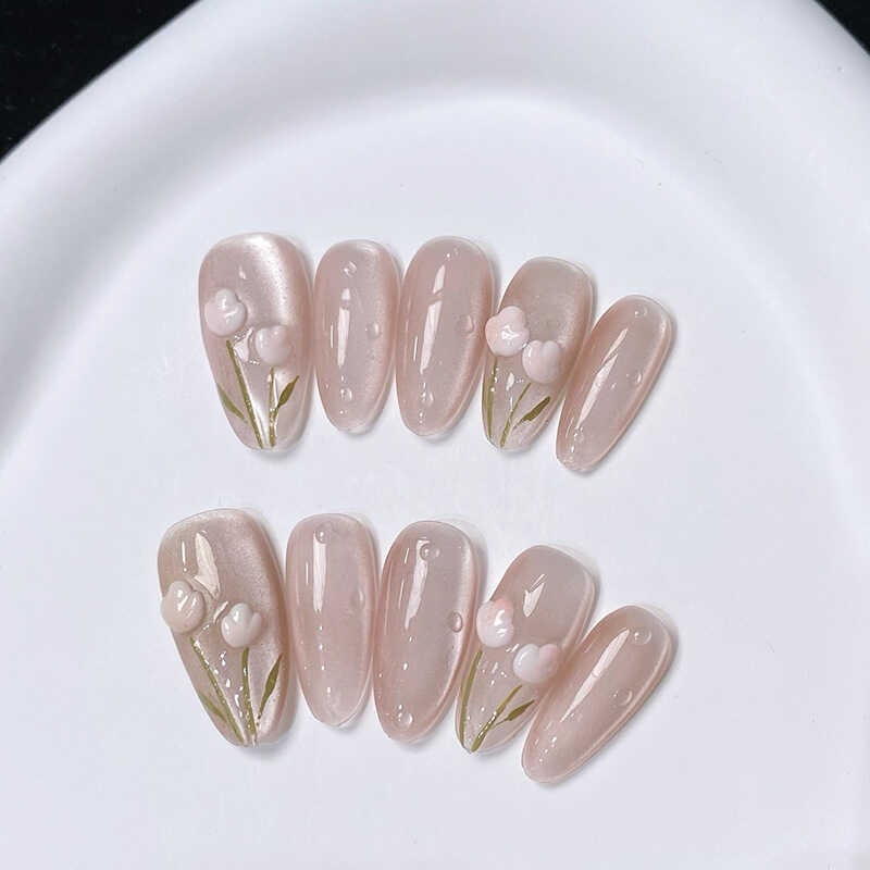 Tulipa de Cristal de Gelo Novo Estilo Primavera Verão Elegante em Relevo Olho de Gato Doce Bonito Puro Artesanal Wearabl