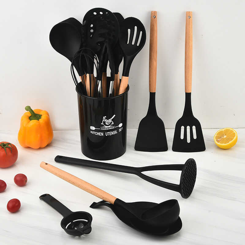 Utensílios de cozinha de silicone com cabo de madeira, 16 peças, cabo de madeira, conjunto de utensílios de cozinha de s