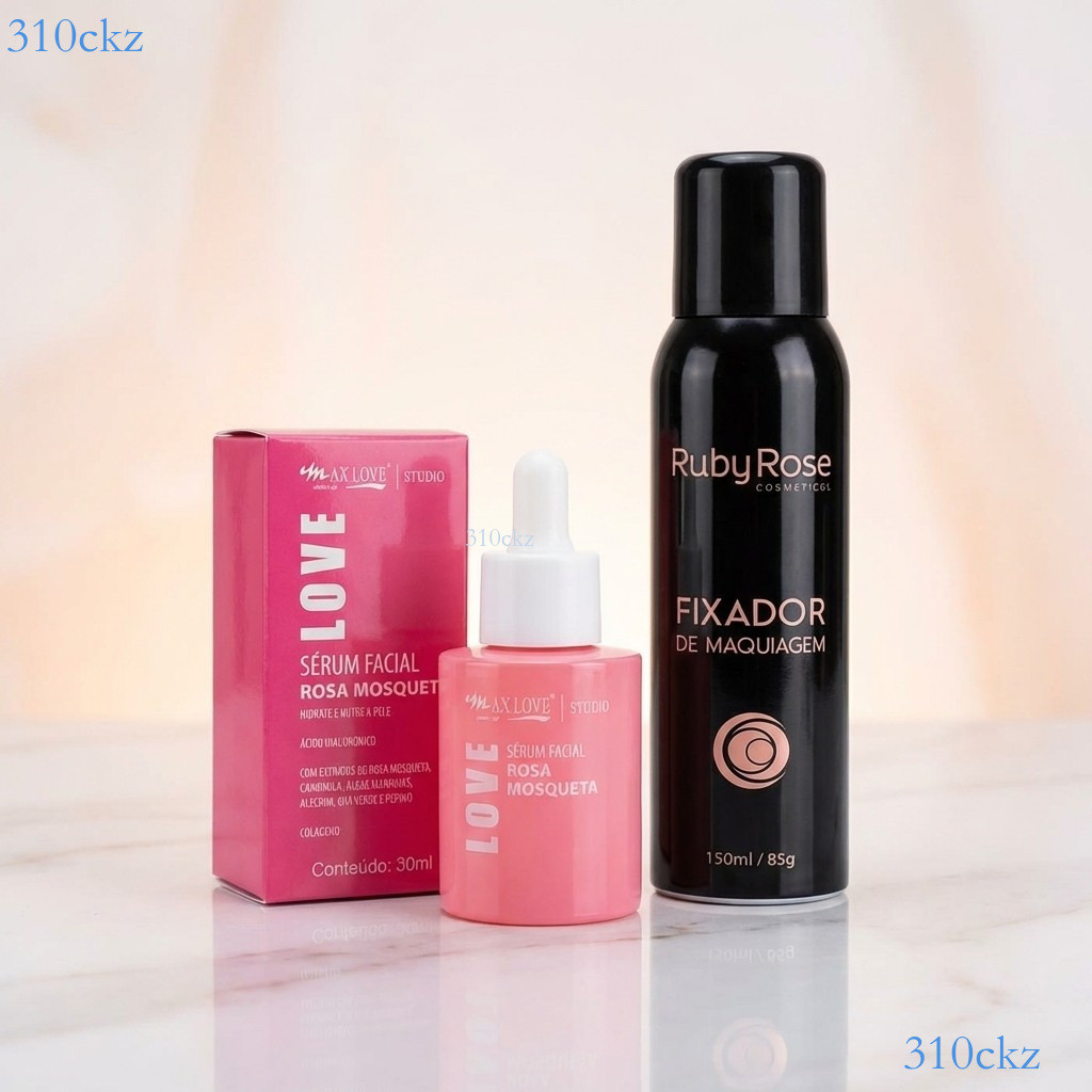 Kit Skin Prep & Make: Sérum Facial Rosa Mosqueta Max Love 30ml + Fixador de Maquiagem Ruby Rose HB312 ✨310ckz