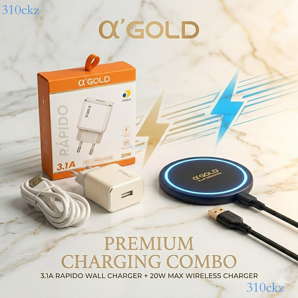 Kit Combo A'GOLD: Carregador Rápido 3.1A + Base Carregador Sem Fio Por Indução 20W Turbo Universal ✨310ckz