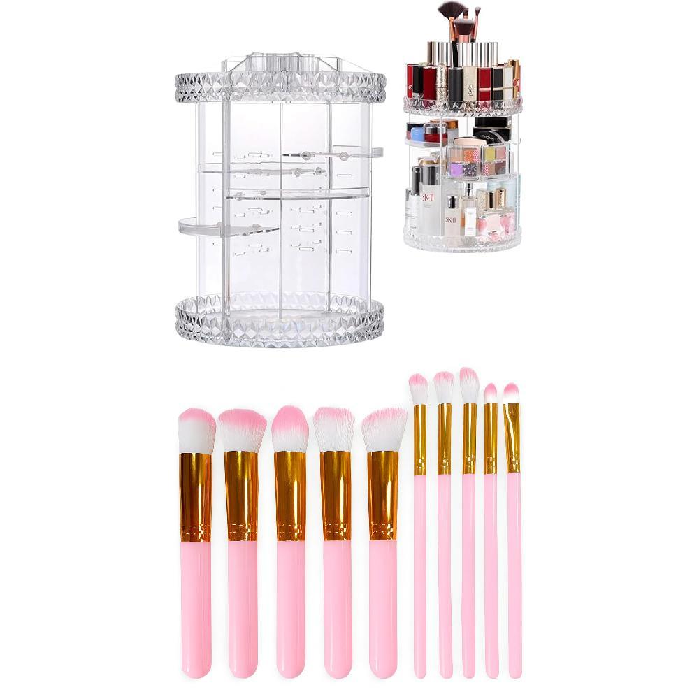 Kit Organizador maquiagem giratório organizador cosméticos + Kit Pincel Para Maquiagem Esfumar Contorno 10 Peças