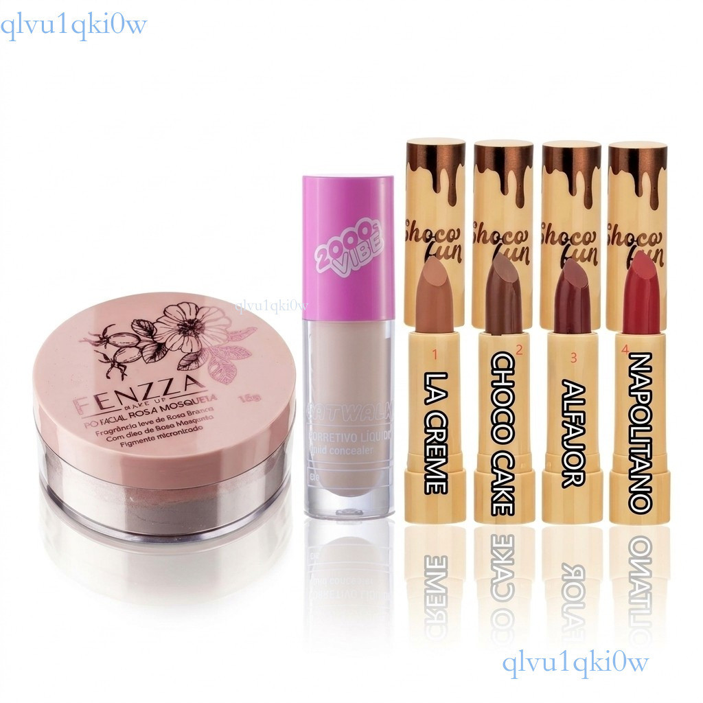 KIT Maquiagem 3 Pcs: Corretivo Ruby Rose + Pó Fenzza + Batom Choco Pronta entrega ✨ki0ww