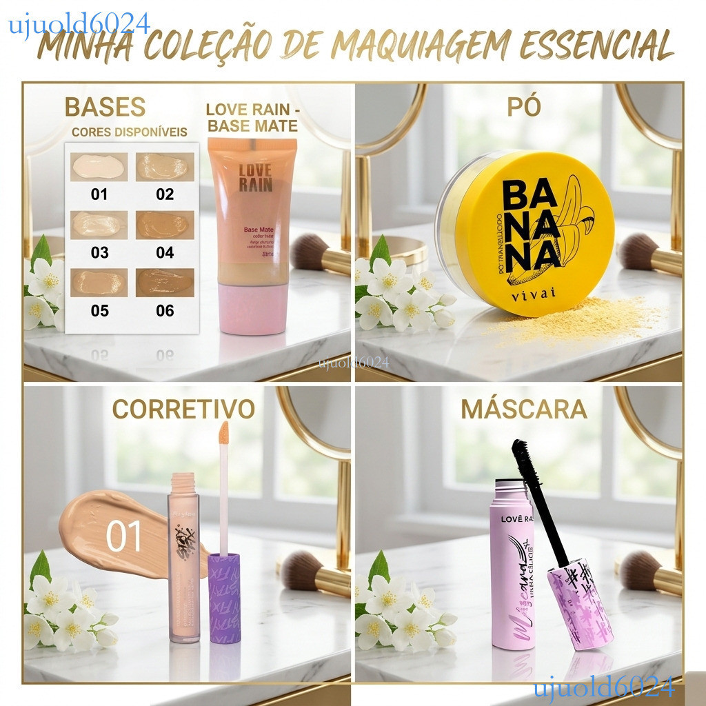 KIT Maquiagem 4 Pcs: Base Matte + Corretivo Ruby Rose + Pó Banana + Rímel Rosa Pronta entrega ✨ujuold6024
