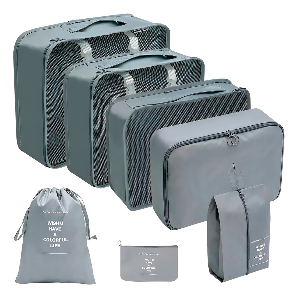 JS Kit 7 Peças Organizadores de Mala Necessaire Cinza para Viagem