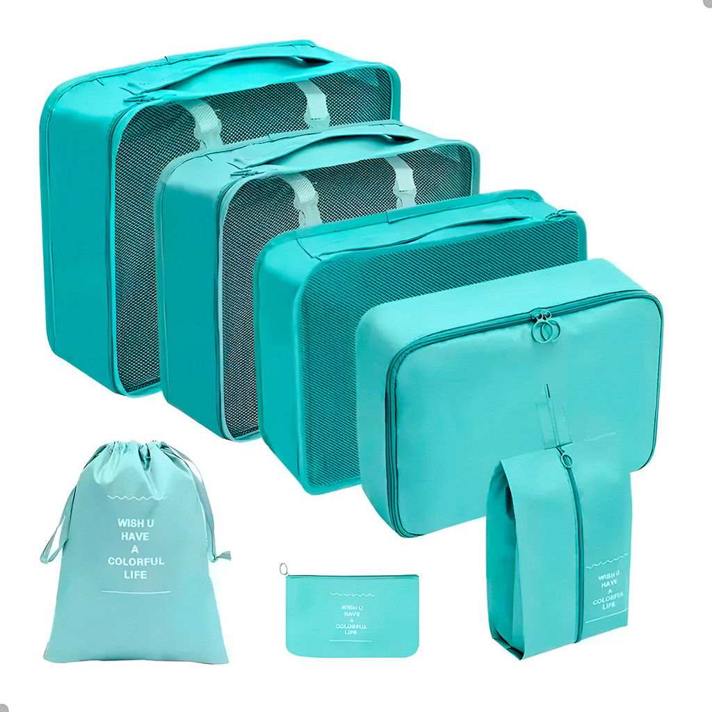 JS Kit 7 Peças Organizadores de Mala Necessaire Viagem Cor:Azul Claro