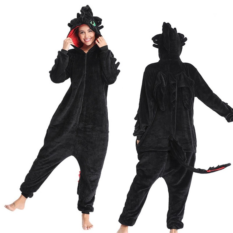 Fantasia De Macacão De Dragão Kigurumi Adulto Desdentado Night Fury – Preto De Pelúcia Com Detalhes De Asa E Cauda , Per