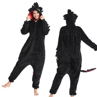 Fantasia De Macacão De Dragão Kigurumi Adulto Desdentado Night Fury – Preto De Pelúcia Com Detalhes De Asa E Cauda , Per