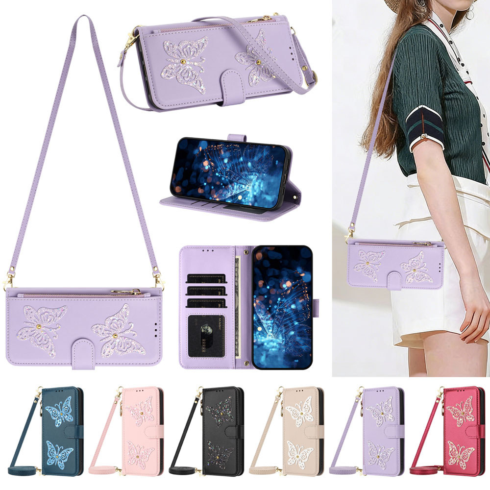 Capa Para Samsung Galaxy A27 A57 A27 A08 A18 A07 A17 A56 A36 A26 A06 A16 A37 5G 4G Diamante Brilho Borboleta Carteira Co
